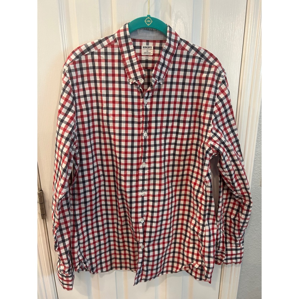 Bonobos Button Down Shirt‎ Red White Blue Gingham Slim Fit Cotton Mens L